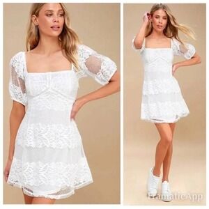 Free People White‎ Lace Puff Sleeve Square Neck Mini Dress Women's Size Medium
